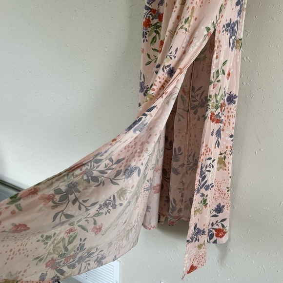 🦋 Promesa Pink Floral Maxi Dress Leg Slit Small Ruffle - Picture 4 of 7
